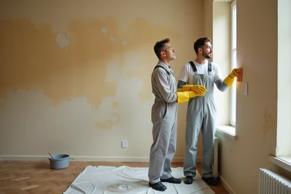 Homme en salopette appliquant une éponge savonneuse sur un mur intérieur avant peinture pour un lessivage sans traces