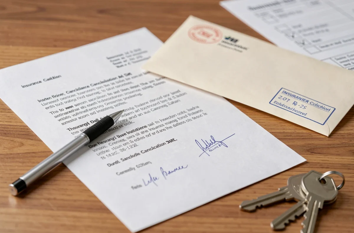 Gros plan d'une lettre de résiliation d'assurance habitation manuscrite avec enveloppe timbrée et clés de maison sur un bureau en bois