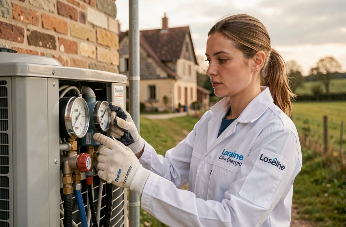 Technicienne Lorraine Clim Énergie contrôlant les jauges d'une pompe à chaleur en milieu rural mosellan
