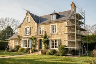 Maison individuelle en cours de rénovation avec un échafaudage