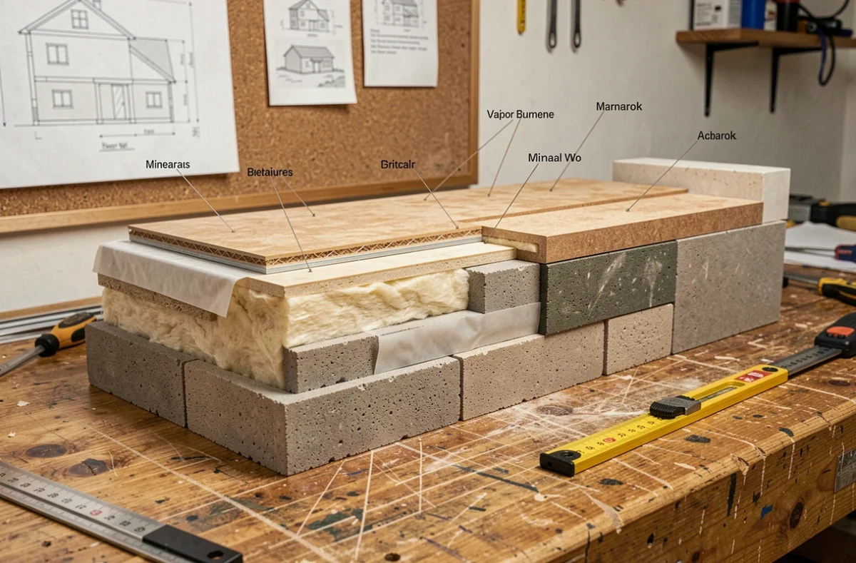 Maquette en coupe d'une paroi de maison montrant les couches d'isolation, le pare-vapeur et les matériaux de construction pour illustrer le risque de condensation