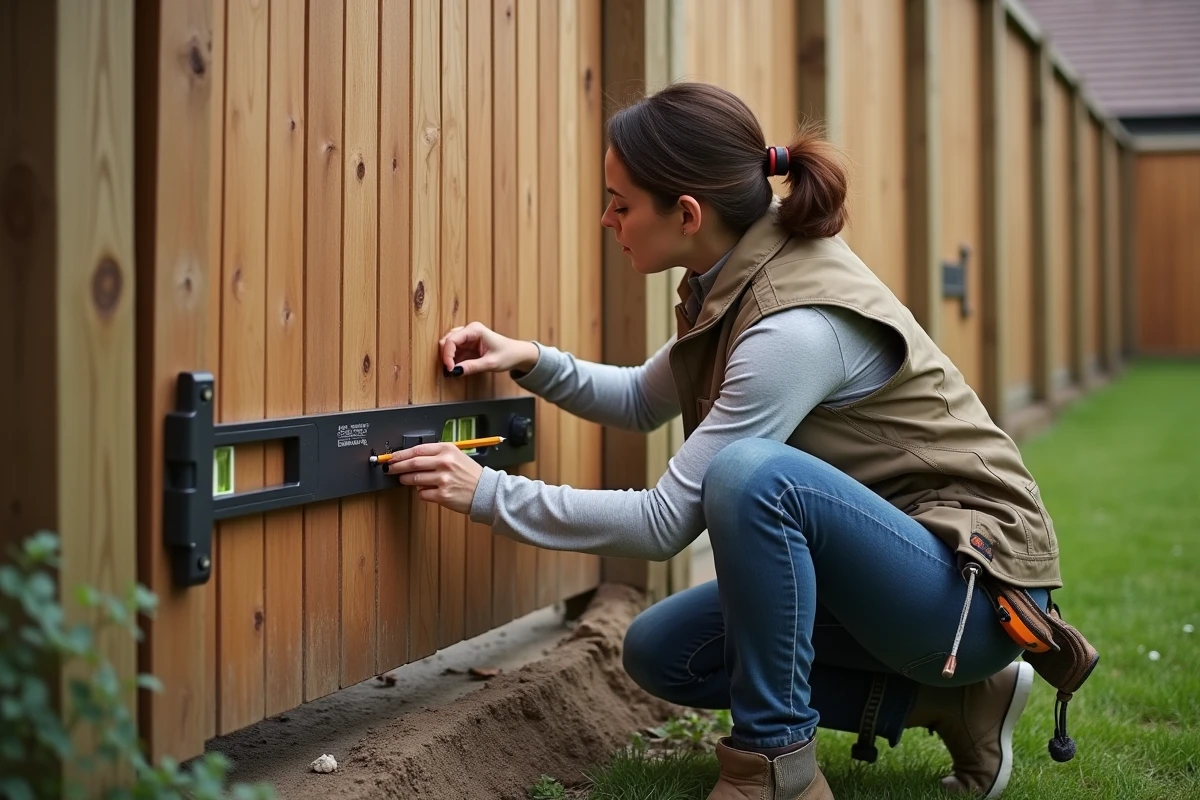Femme mesurant et marquant l'emplacement d'un gond sur un portail en bois dans un jardin résidentiel