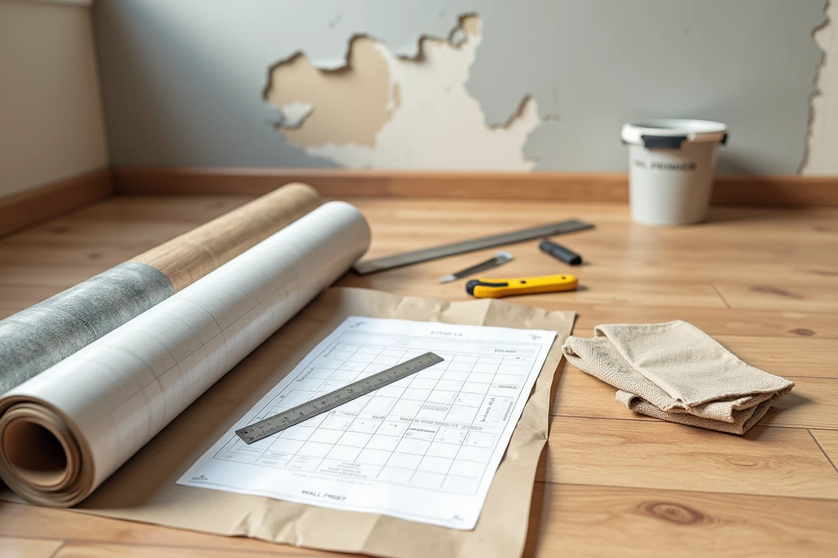Outils et rouleaux de revêtement mural autocollant grande surface posés sur un parquet pour la rénovation d'un mur abîmé
