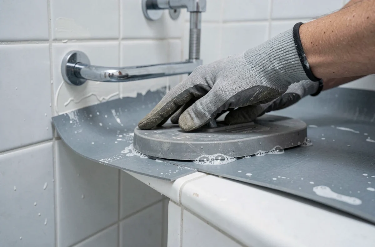 Gros plan sur l'application d'une membrane d'étanchéité sur les joints de carrelage d'une douche