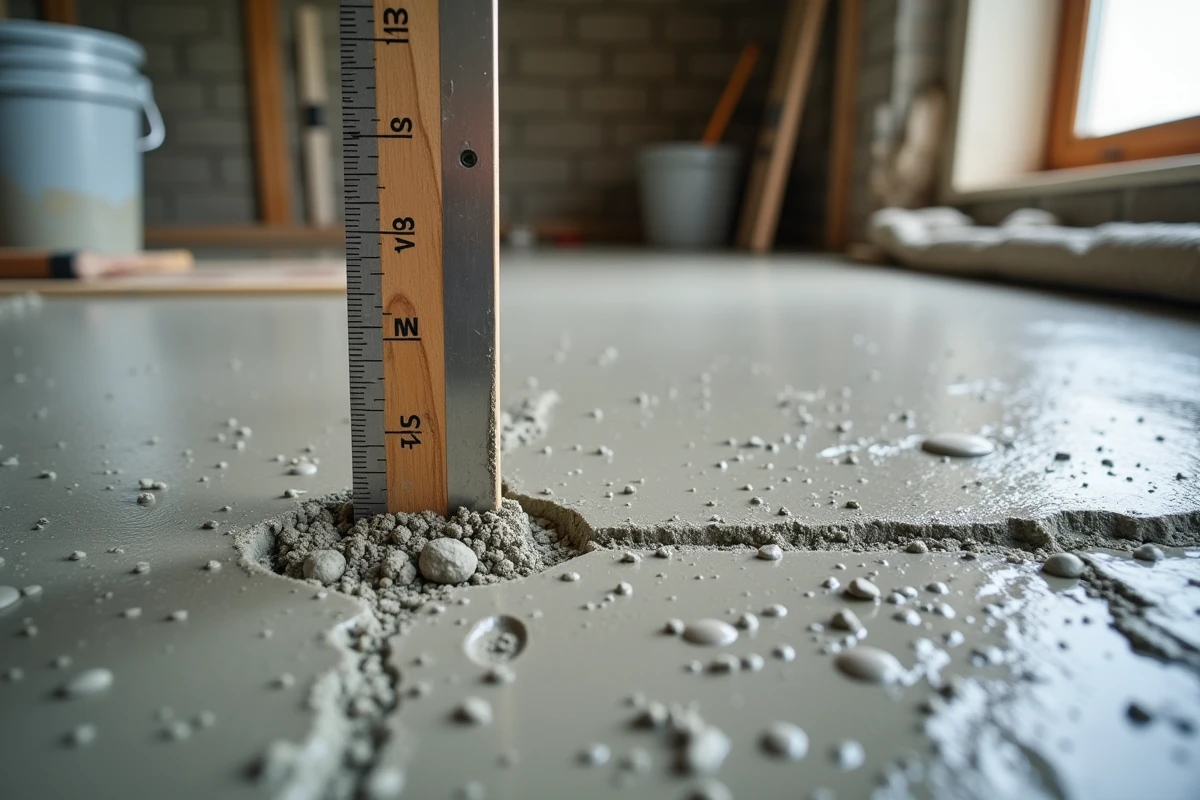 Mesure précise de 5 centimètres d'épaisseur d'une chape de ciment avec une règle graduée insérée dans le béton frais