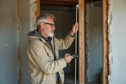 Artisan mesurant l'ouverture brute d'un encadrement de porte d'entrée avant pose, avec mètre ruban en acier sur mur en parpaings