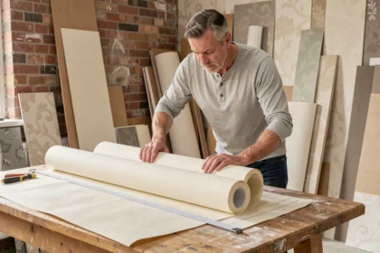Homme mesurant un rouleau de papier peint sur une table de travail en bois avec un mètre ruban
