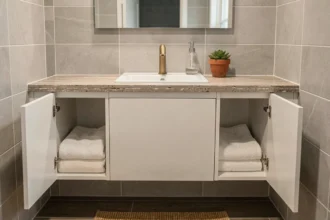 Meuble de salle de bain avec plan de travail en pierre effet minéral, vasque encastrée et robinetterie dorée brossée