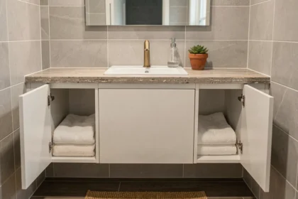 Meuble de salle de bain avec plan de travail en pierre effet minéral, vasque encastrée et robinetterie dorée brossée
