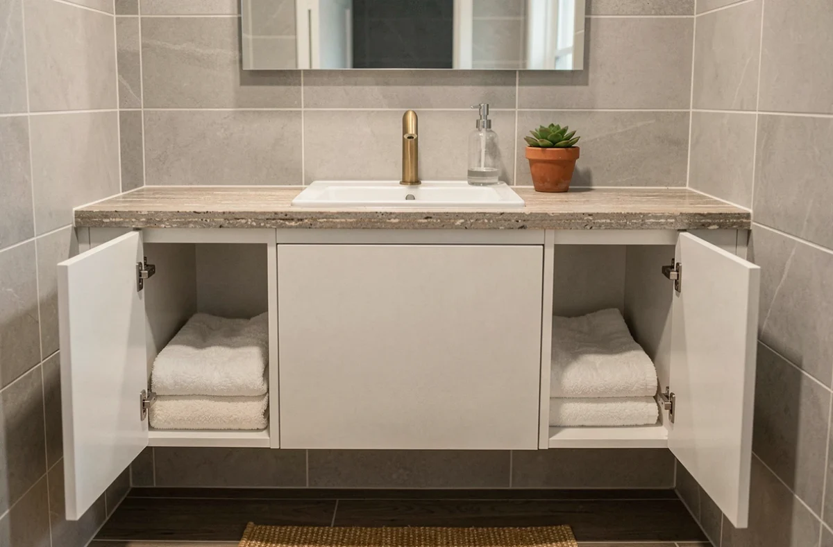 Meuble de salle de bain avec plan de travail en pierre effet minéral, vasque encastrée et robinetterie dorée brossée