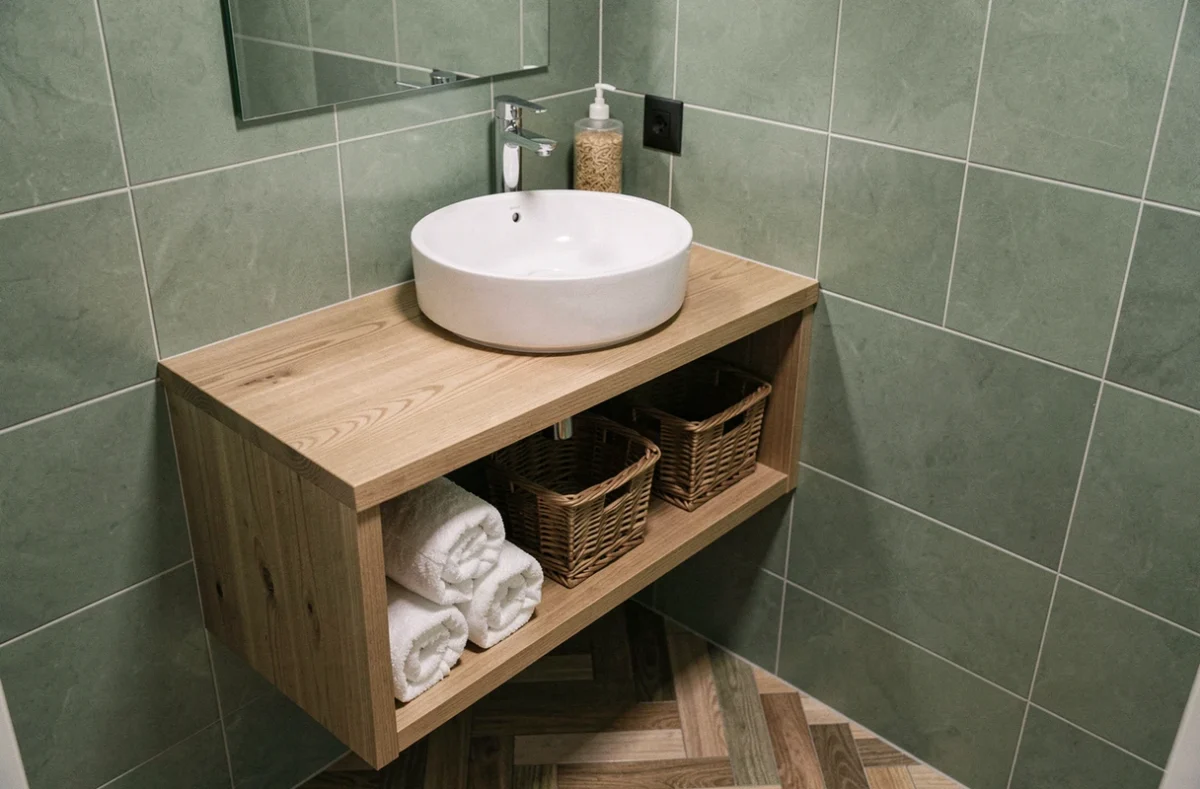 Meuble de salle de bain suspendu avec plan de travail en bois chêne et vasque à poser ronde