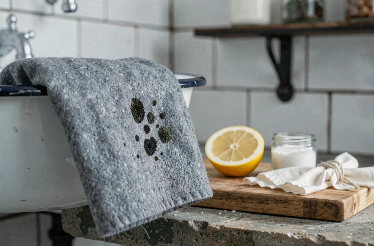 Gros plan de moisissures noires sur un tissu en laine grise posé sur un bassin avec du sel, du citron et une étamine comme remèdes naturels