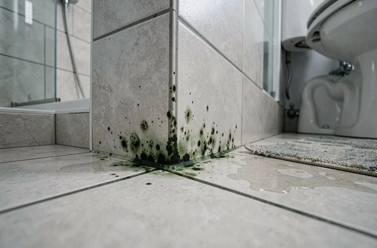 Moisissures vertes et noires à la jonction des carreaux de sol et de mur dans une salle de bain