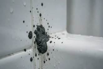 Moisissures noires sur les joints de carrelage blanc dans une salle de bain humide