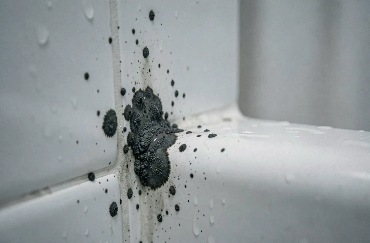 Moisissures noires sur les joints de carrelage blanc dans une salle de bain humide