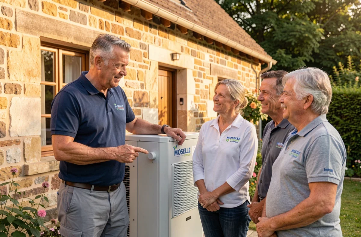 Conseiller Moselle Énergie Confort présentant une pompe à chaleur à des propriétaires d'une maison mosellane rénovée