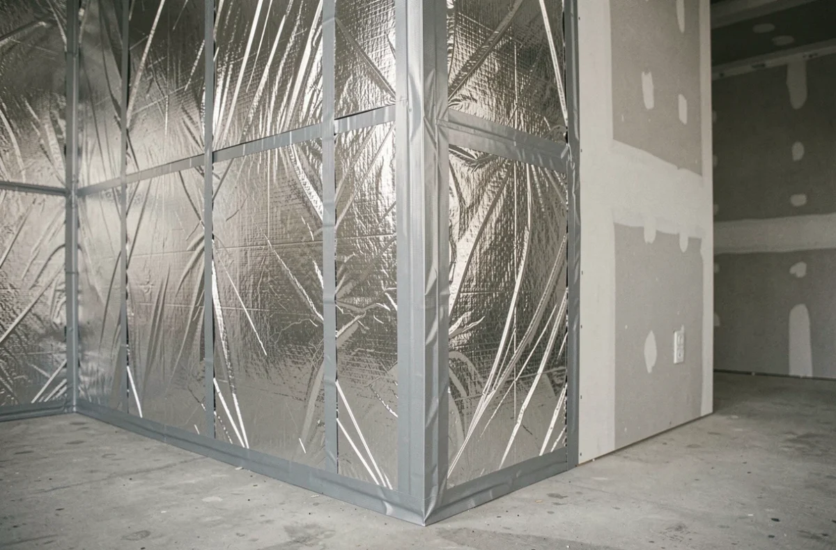 Mur intérieur entièrement recouvert d'un isolant mince réfléchissant avec joints scotchés à l'aluminium dans une pièce en cours de rénovation