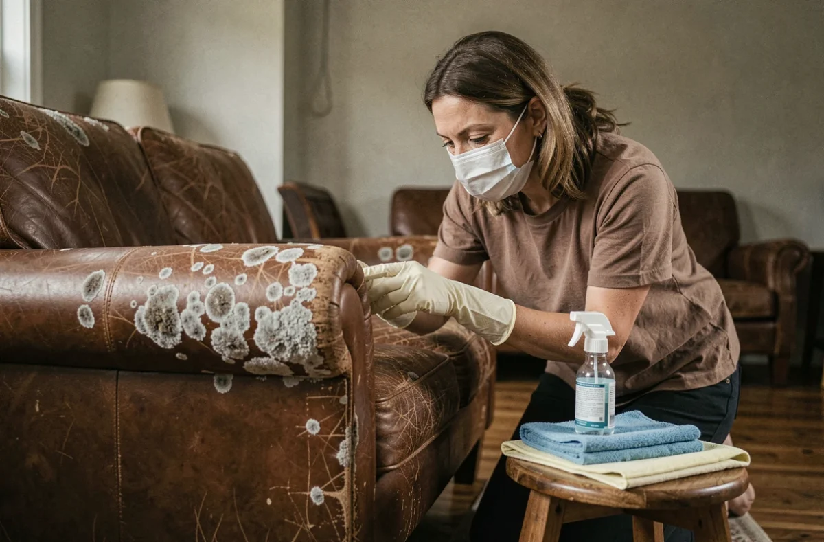Femme nettoyant un canapé en cuir moisi avec des gants de protection et un masque dans un salon