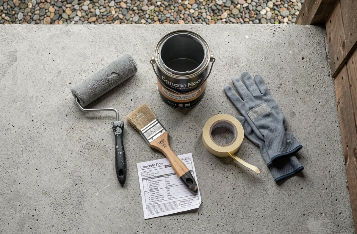 Matériel et outils nécessaires pour peindre un sol béton extérieur disposés sur une surface brute