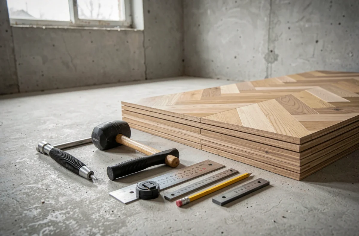 Outils et matériaux nécessaires pour la pose d'un parquet en chevron