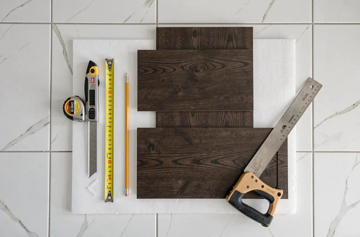 Vue de dessus des outils nécessaires à la pose d'un parquet flottant sur carrelage en cuisine