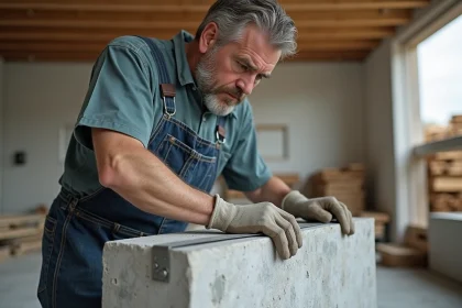 Ouvrier en tenue de chantier mesurant un bloc de béton