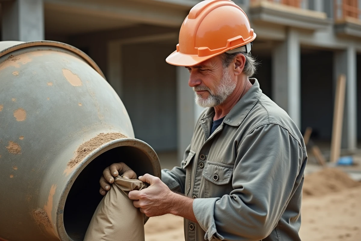 Ouvrier versant un sac de ciment dans une bétonnière sur un chantier de construction