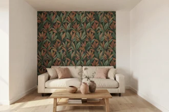 Salon moderne avec un pan de mur tapissé d'un papier peint botanique vert forêt et terracotta, canapé beige et table en chêne naturel
