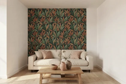 Salon moderne avec un pan de mur tapissé d'un papier peint botanique vert forêt et terracotta, canapé beige et table en chêne naturel
