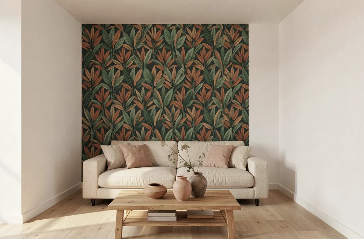 Salon moderne avec un pan de mur tapissé d'un papier peint botanique vert forêt et terracotta, canapé beige et table en chêne naturel