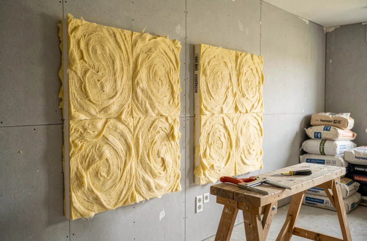Panneaux de laine de verre jaune fixés sur un mur de placo lors d'une installation d'isolation thermique intérieure