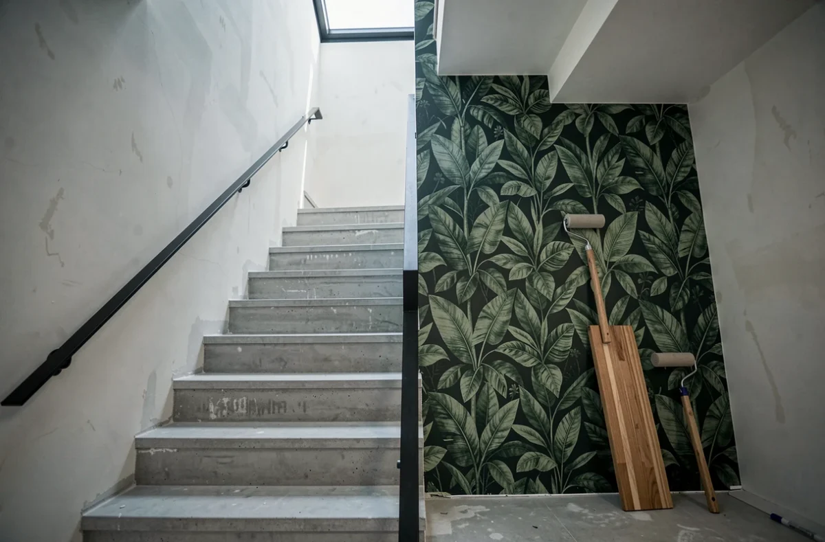 Mur d'escalier contemporain à moitié recouvert d'un papier peint botanique vert foncé en cours de pose