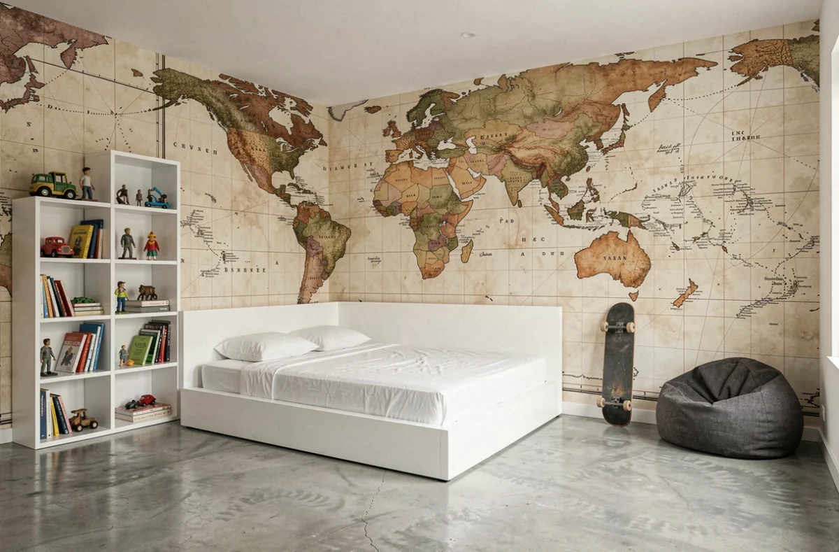 Chambre de garçon moderne avec papier peint carte du monde vintage et mobilier blanc