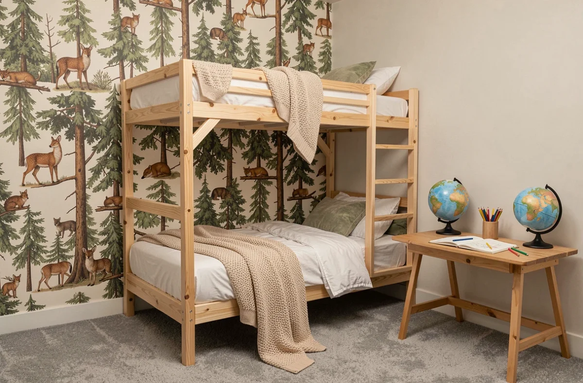 Chambre de garçon avec papier peint forêt et lit superposé en bouleau naturel
