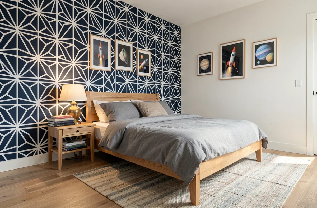 Chambre de garçon avec papier peint géométrique bleu marine et décoration spatiale