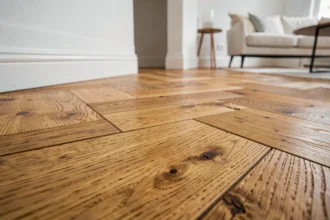 Parquet massif en chêne posé en chevrons dans un appartement parisien, vue en gros plan sur les lames et le grain naturel du bois