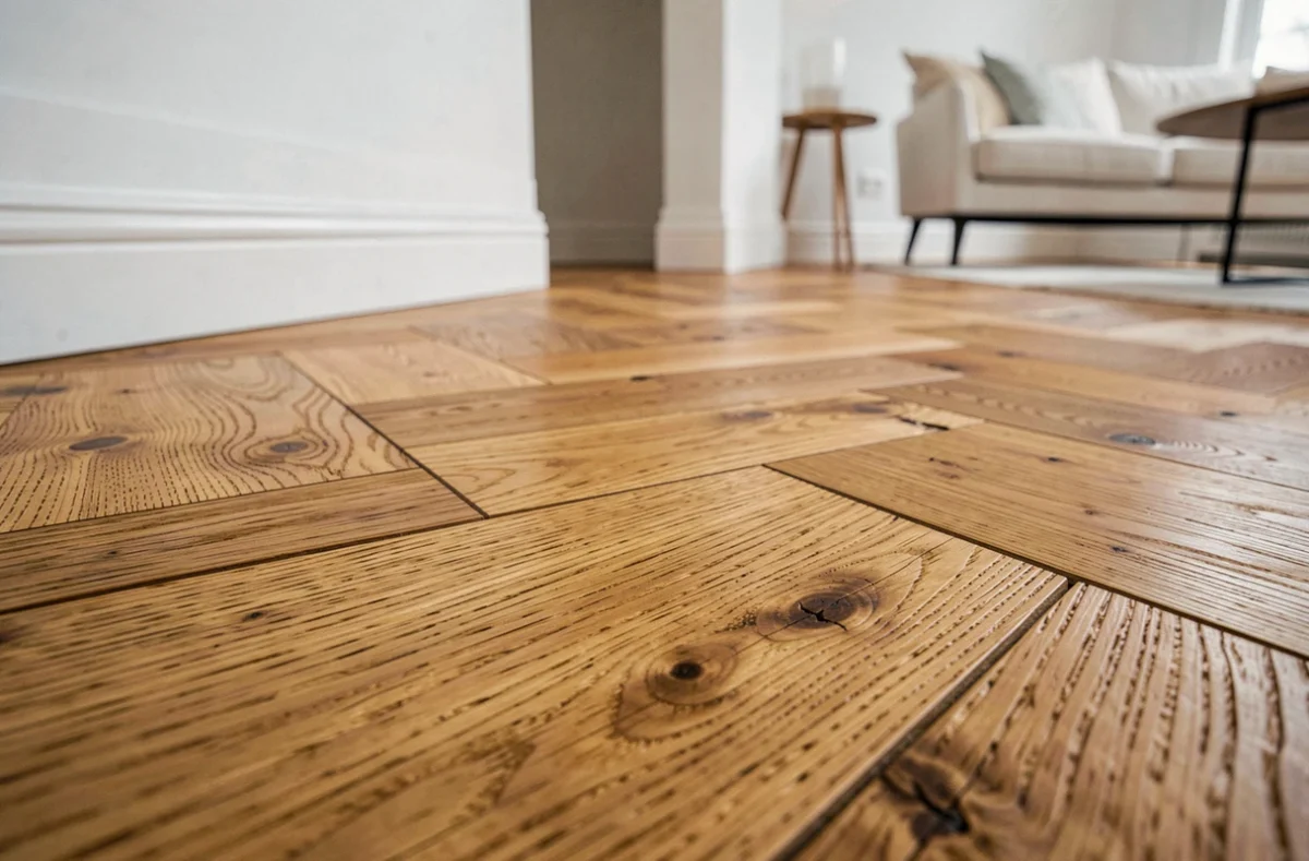 Parquet massif en chêne posé en chevrons dans un appartement parisien, vue en gros plan sur les lames et le grain naturel du bois