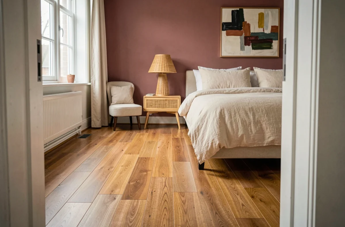 Chambre parentale avec parquet noyer posé perpendiculairement à la fenêtre pour un effet visuel aéré