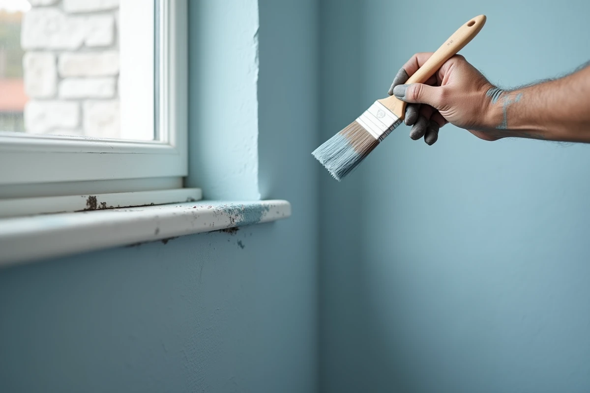 Peintre appliquant une deuxième couche de peinture bleu-gris sur un mur de cuisine avec pinceau large près d'un encadrement de fenêtre blanc