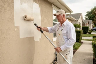 Peintre professionnel en train d'appliquer de la peinture façade blanche sur une maison individuelle de 100m2 avec un rouleau à extension