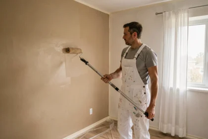 Peintre professionnel en train d'appliquer de la peinture beige sur le mur d'une chambre de 10m2 avec un rouleau