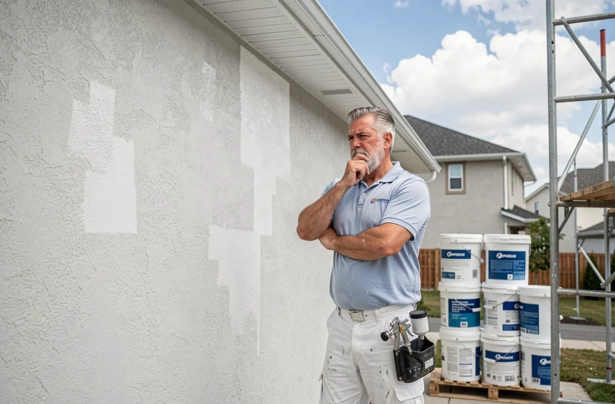 Peintre professionnel évaluant la couverture d'une façade en stuc fraîchement peinte avec des seaux de peinture empilés au premier plan