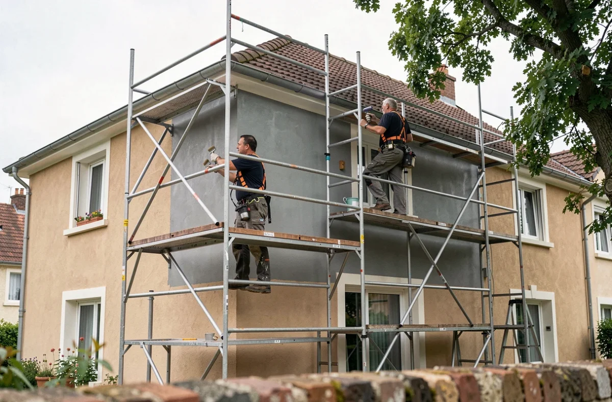 Deux peintres sur échafaudage en train de peindre la façade d'une maison de deux étages, travaux de peinture extérieure professionnels