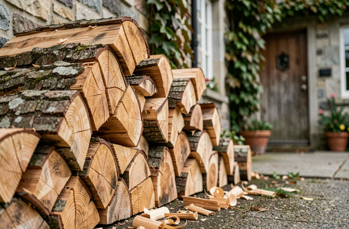 Pile de bûches de bois séchées empilées contre le mur d'une maison rurale pour alimenter une chaudière