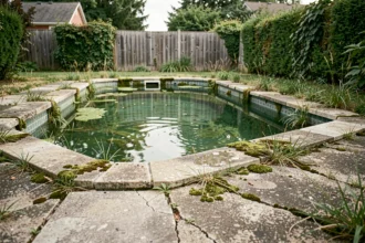 Piscine abandonnée et non utilisée dans un jardin résidentiel avec eau verte et béton fissuré
