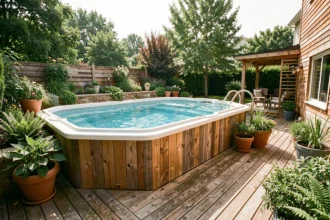 Piscine hors sol habillée en bois dans un jardin résidentiel avec terrasse et végétation