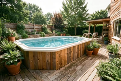 Piscine hors sol habillée en bois dans un jardin résidentiel avec terrasse et végétation