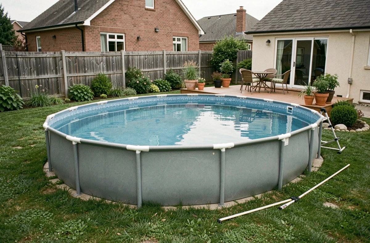 Piscine hors sol ovale installée dans un jardin résidentiel avec terrasse en bois et mesures au sol