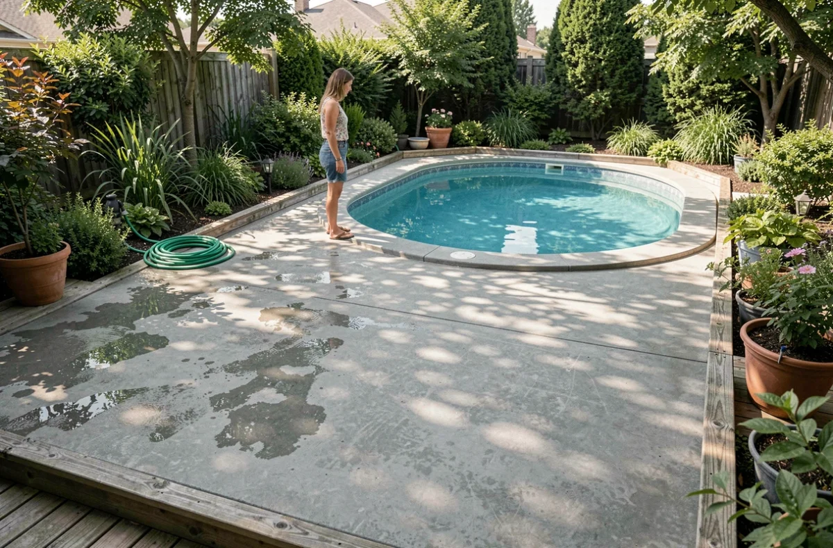 Piscine hors sol installée sur une dalle béton terminée dans un jardin privé avec terrasse bois intégrée