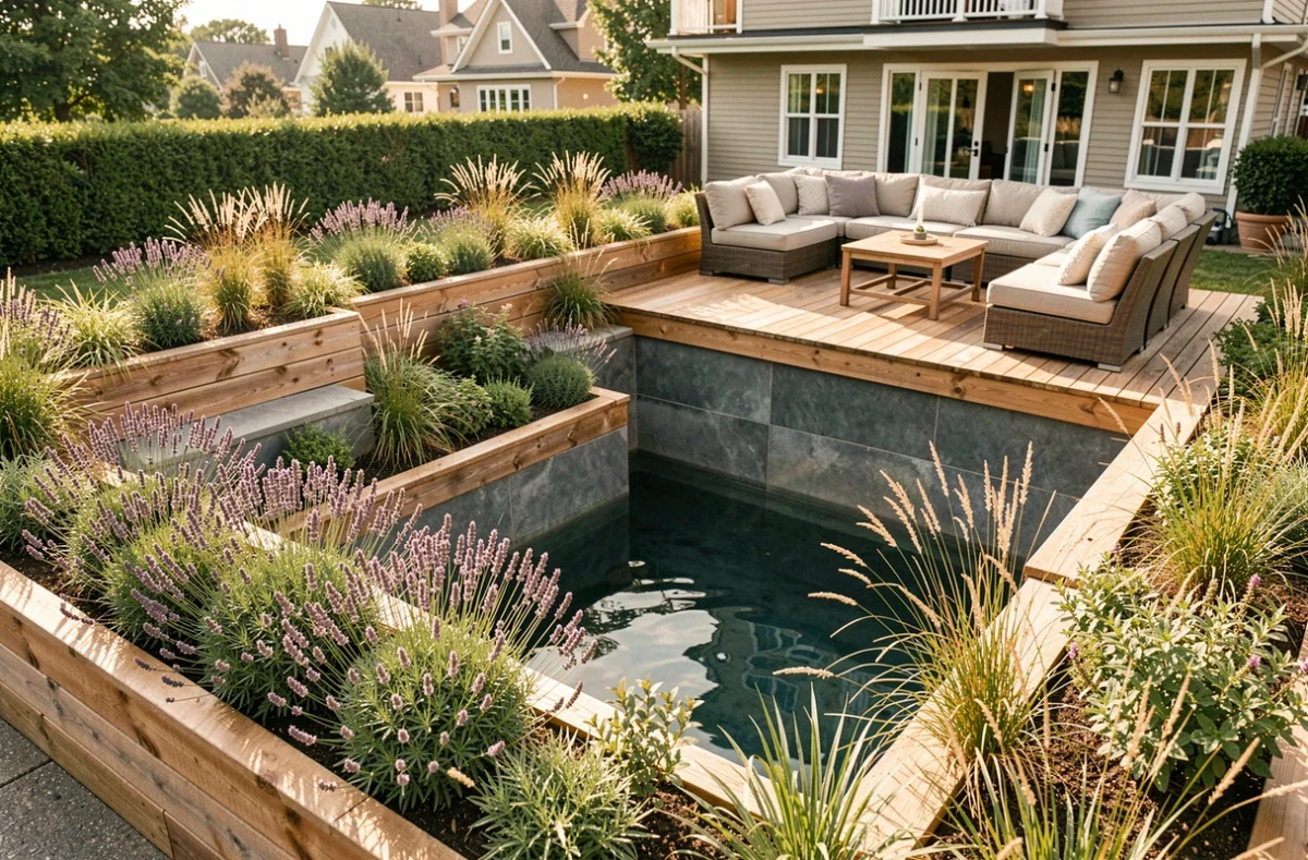 Ancienne piscine reconvertie en jardin aménagé avec terrasse en bois et plantes ornementales